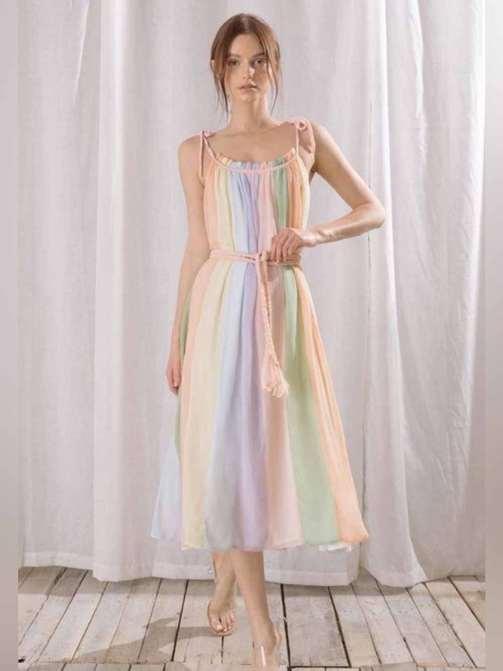 Judith March Pastel Stripe Tie-Shoulder Midi Dress